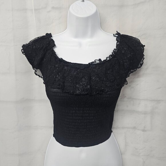Vintage Andy Blanco Blouse Black Y2K Lace Whimsigoth Coquette Smocked S - Picture 2 of 9